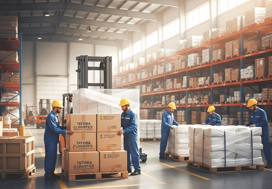 Tatvika crew palletizing and shrink-wrapping cargo for dispatch