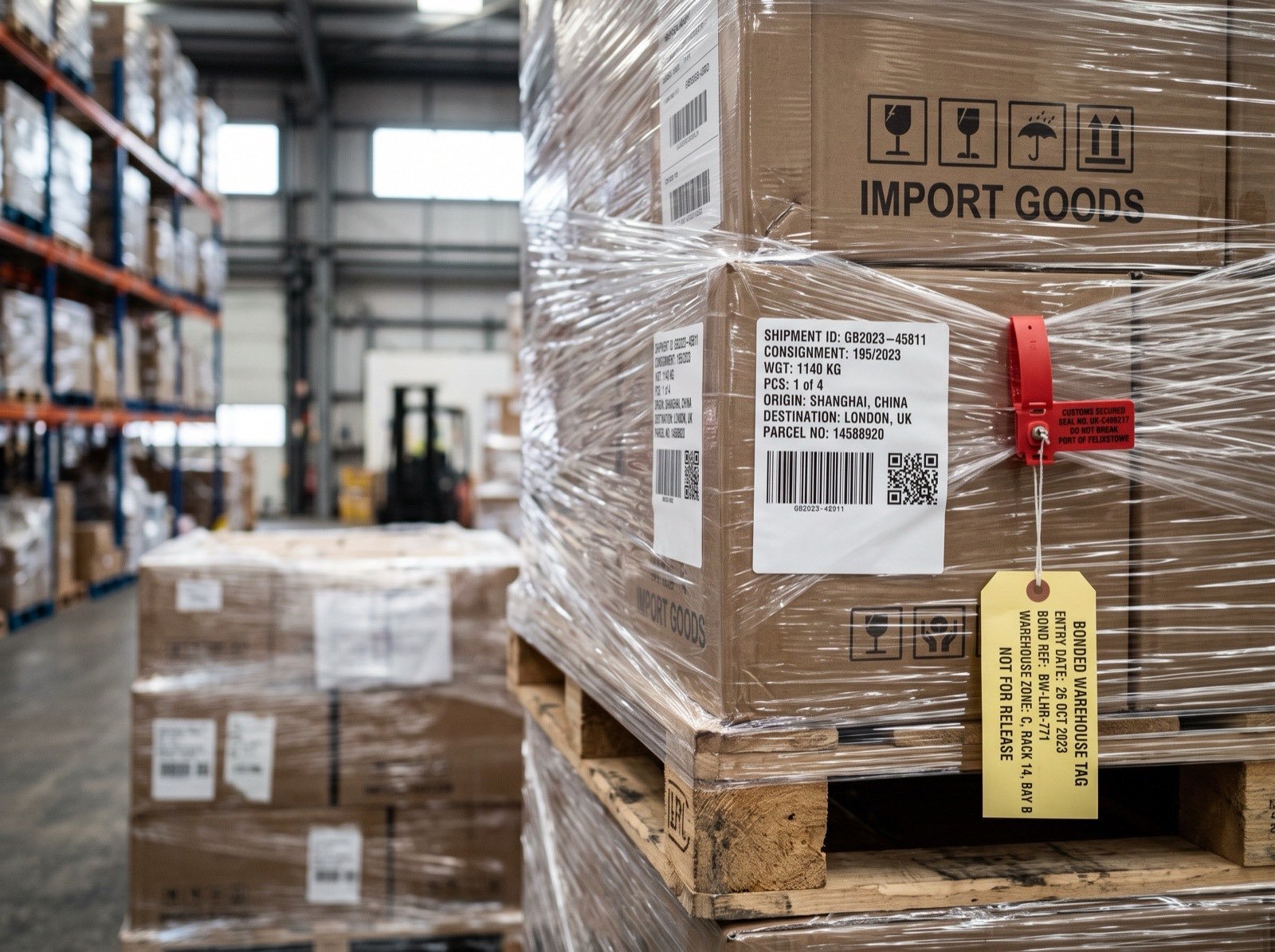 Cargo pallets secured with customs security seals in the bonded warehouse