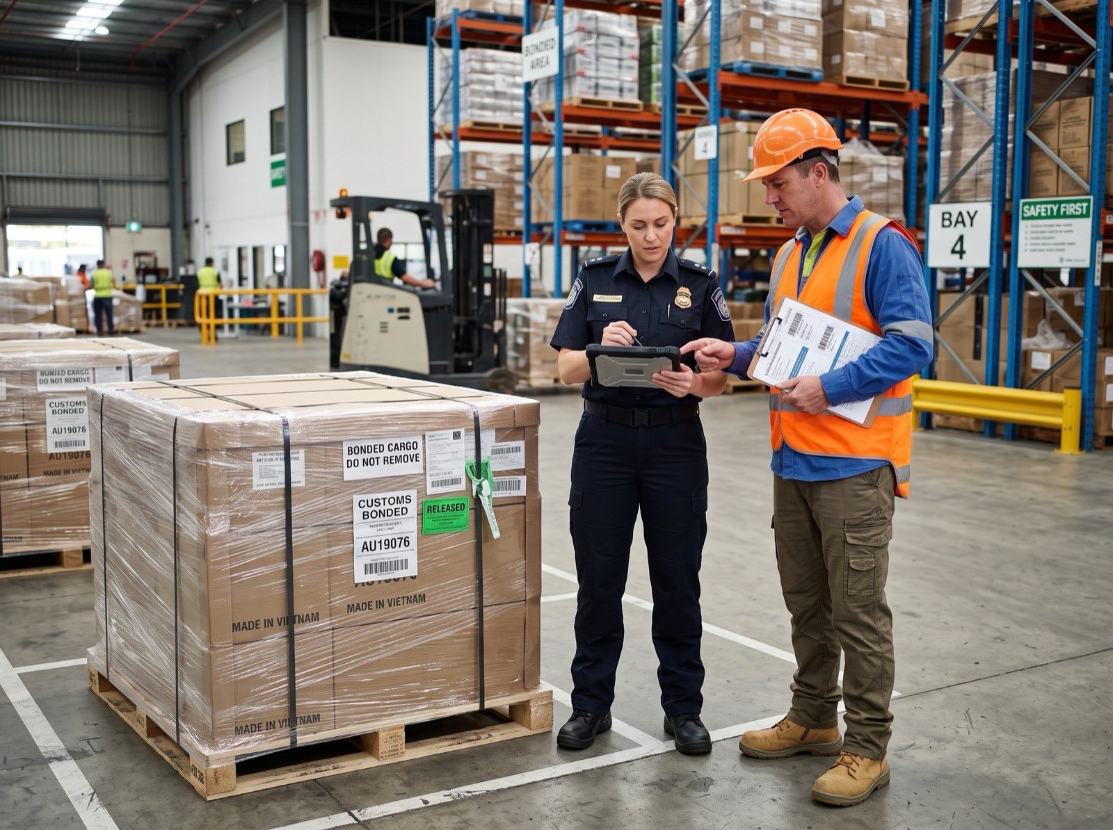 Customs officer inspecting bonded cargo before clearance