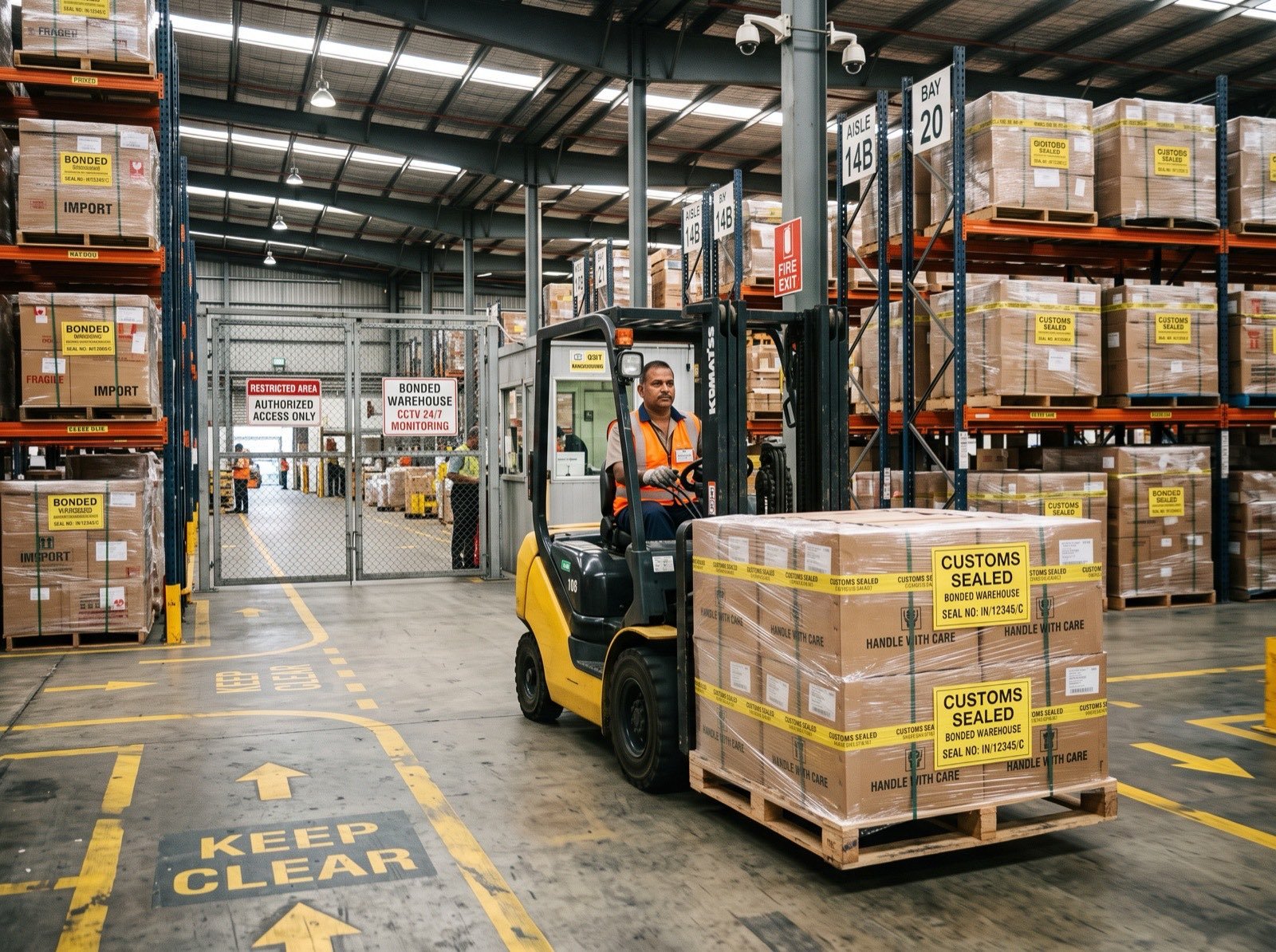 Forklift operator moving palletised cargo through the bonded warehouse