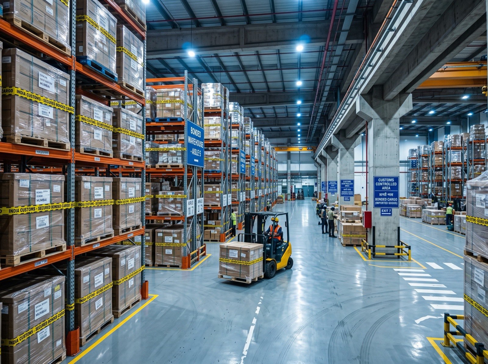 Racked, customs-bonded warehouse storage with palletised duty-deferred cargo