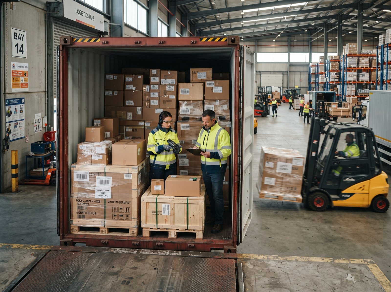 Opened shipping container revealing palletised cargo for inspection