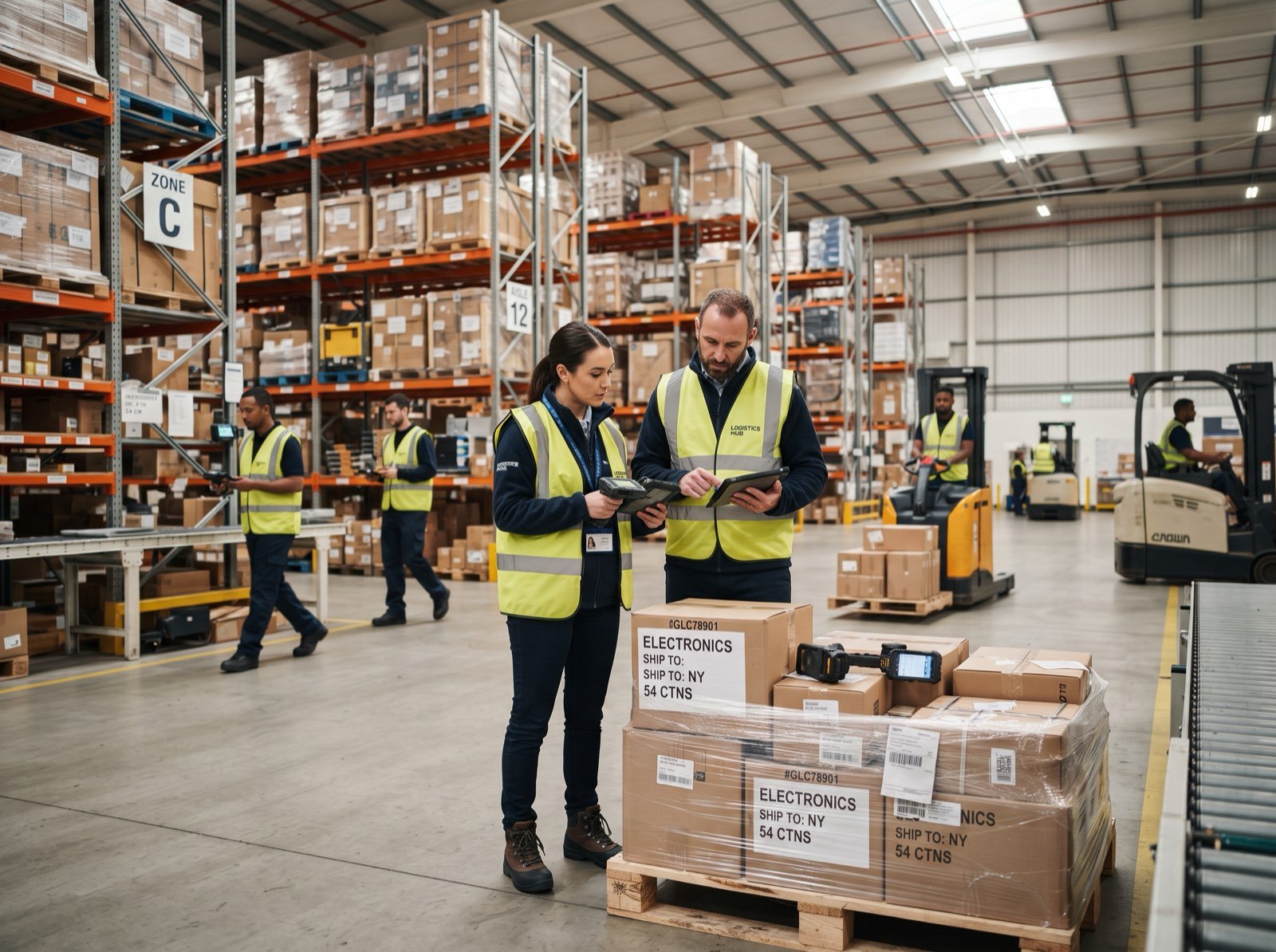 Cargo experts inspecting shipping cargo before storage