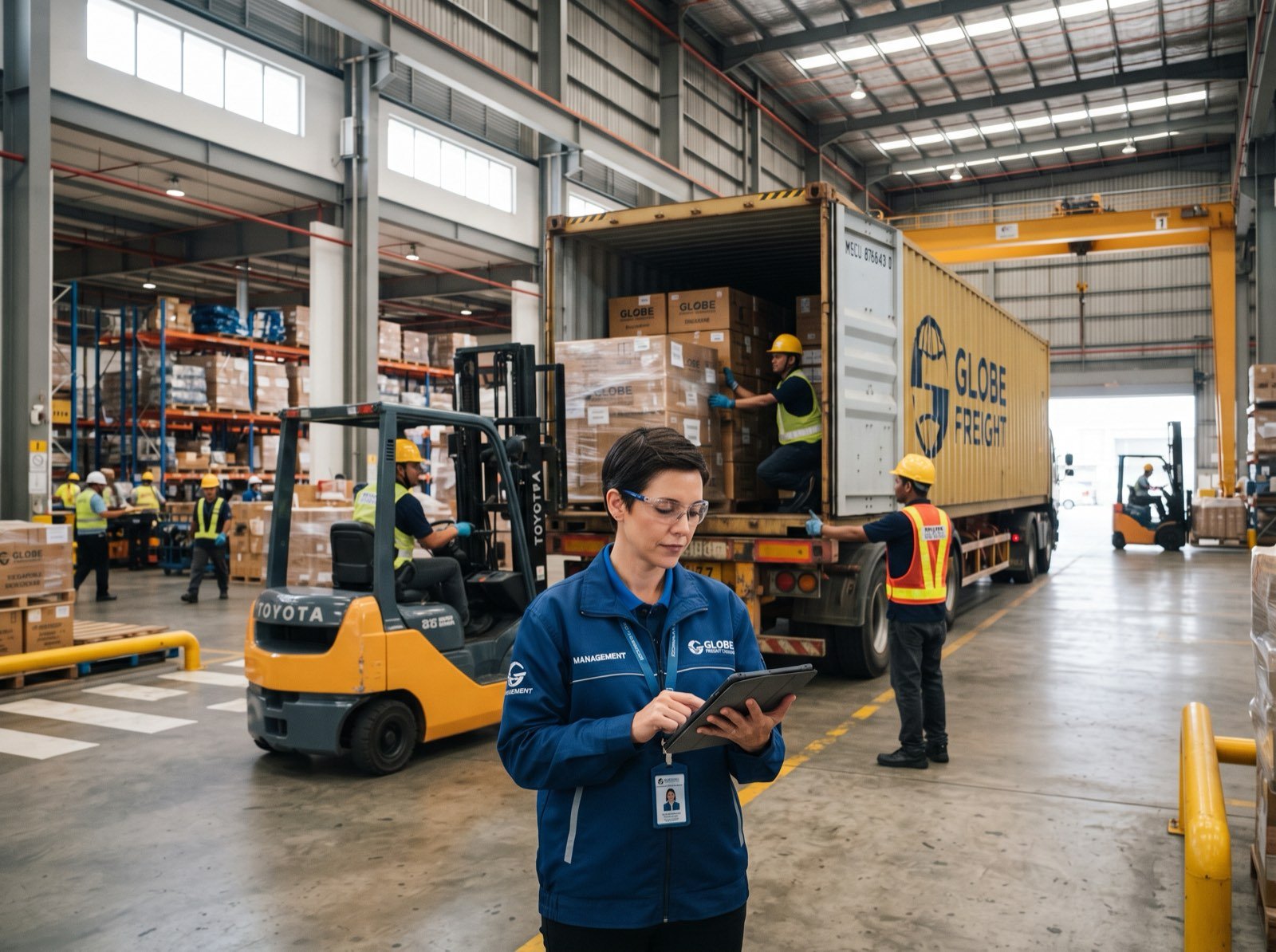 Manager supervising cargo loading on the warehouse floor
