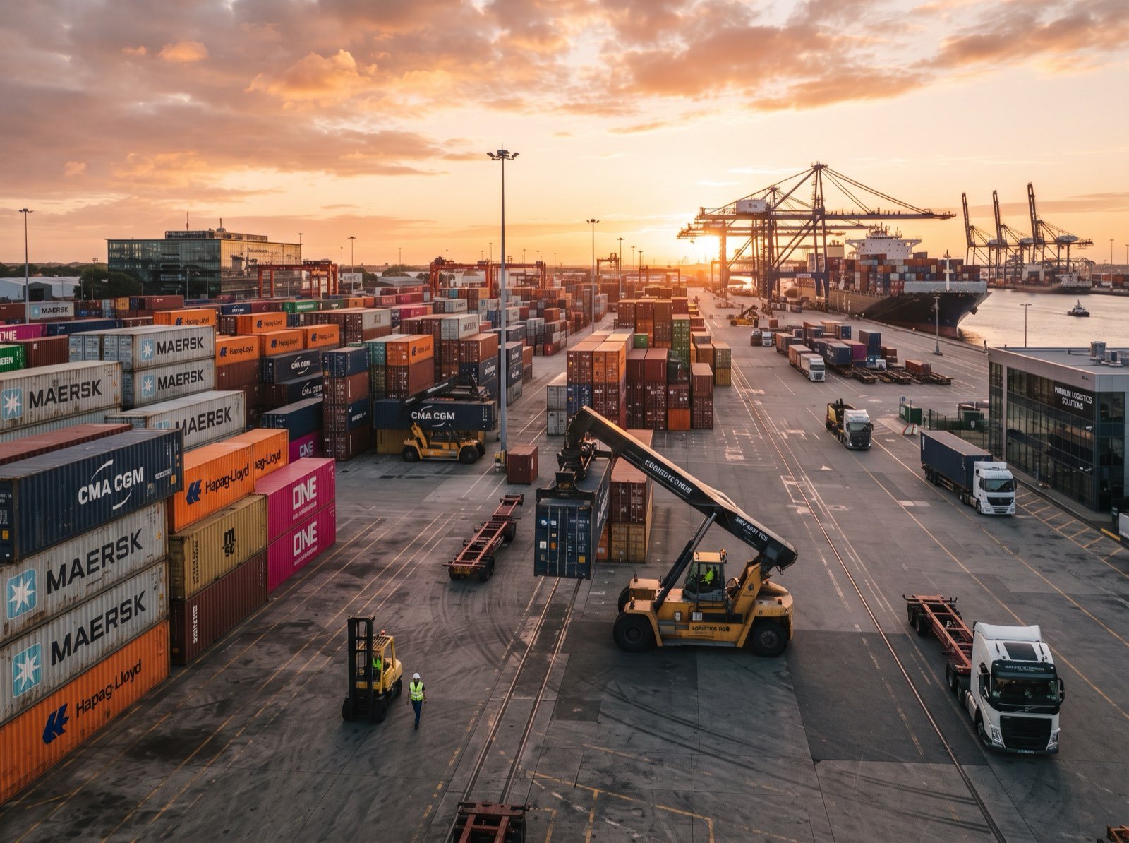 Container storage yard at Mundra at sunset