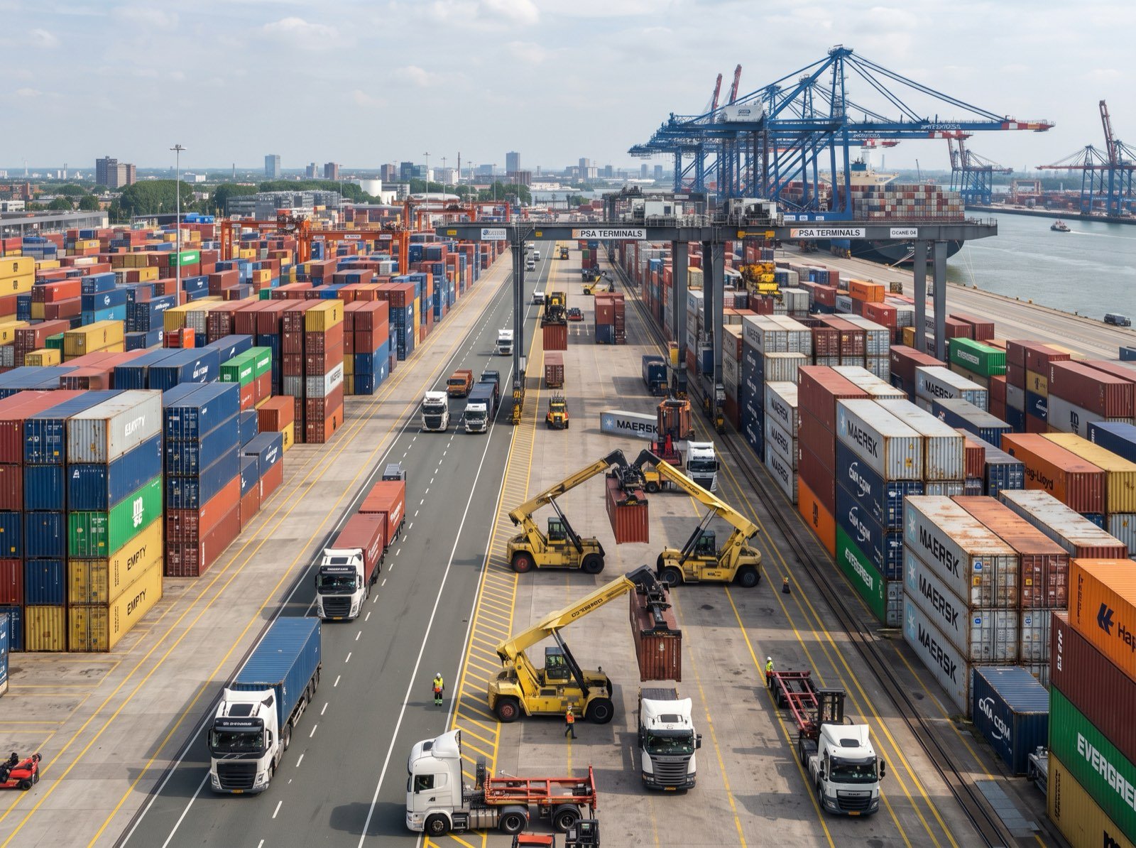 Trucks arriving at the container terminal for pick-up and grounding