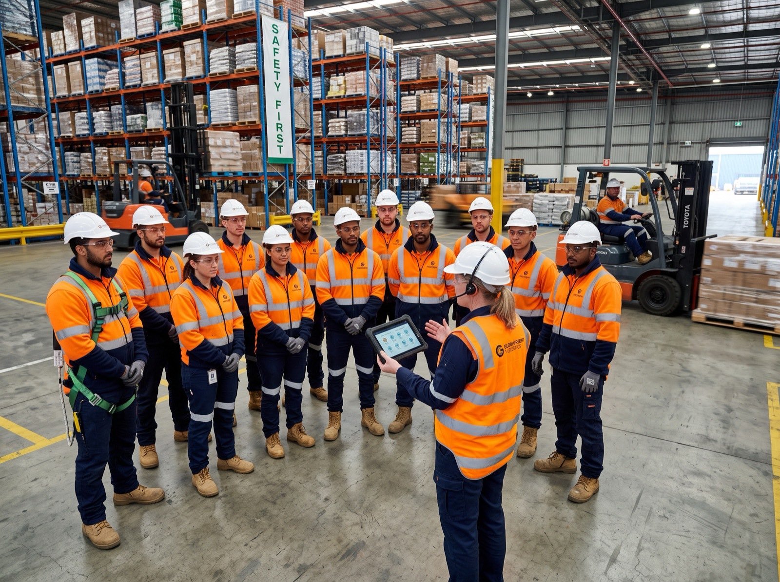 Warehouse team receiving a safety briefing before the shift