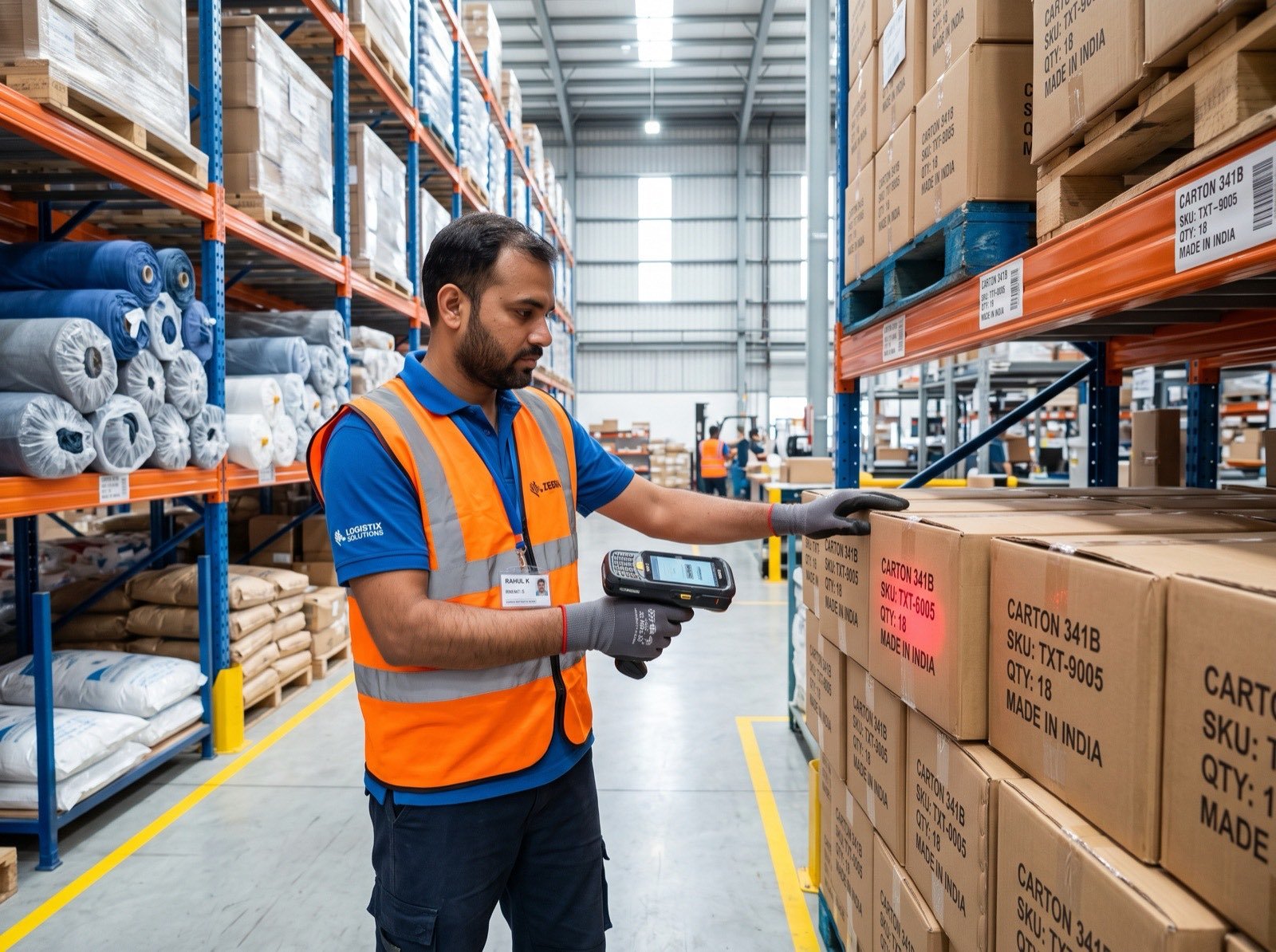 Employee scanning barcode labels for live WMS stock tracking