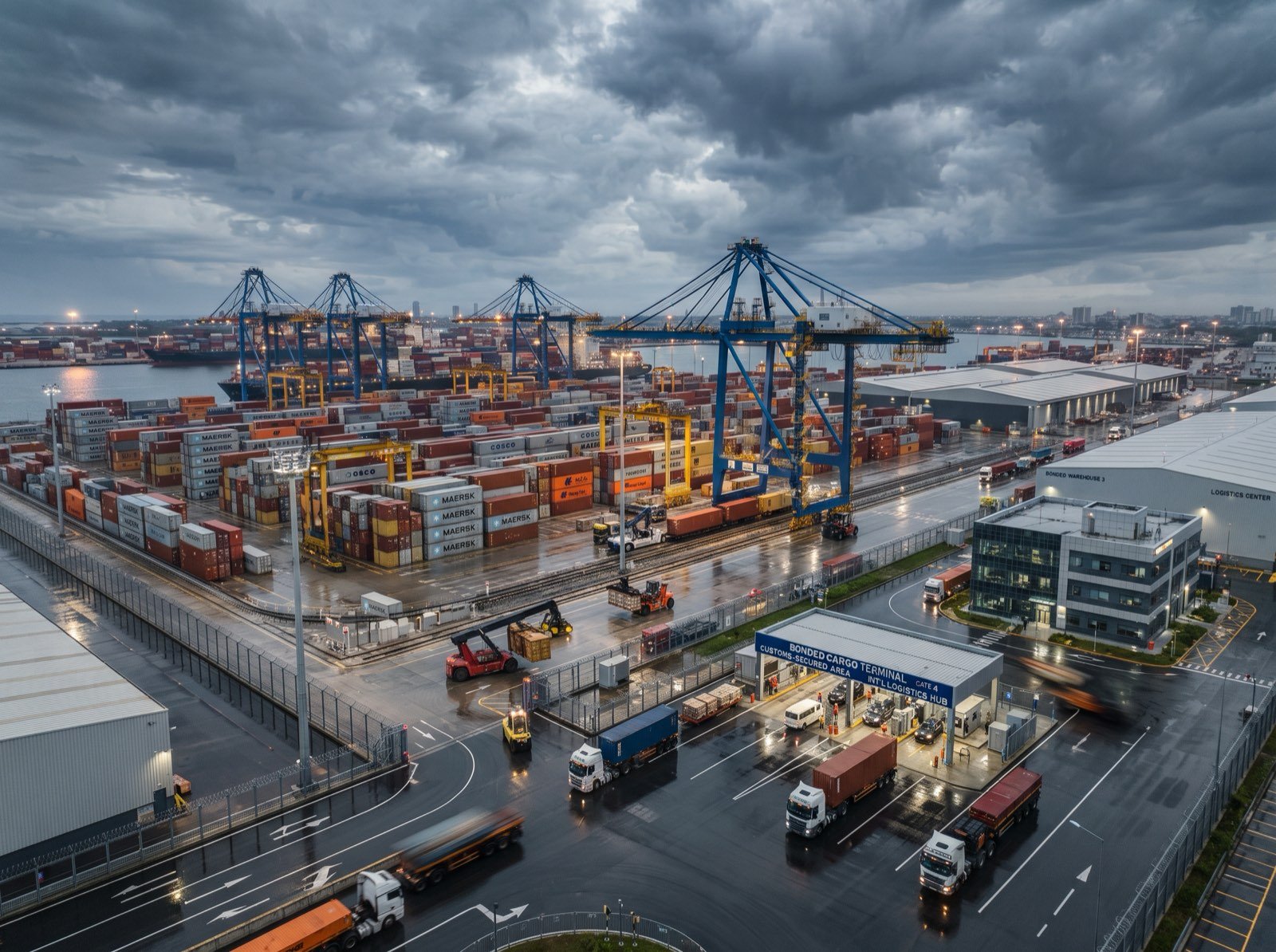 Bonded cargo terminal holding dutiable containers under customs bond