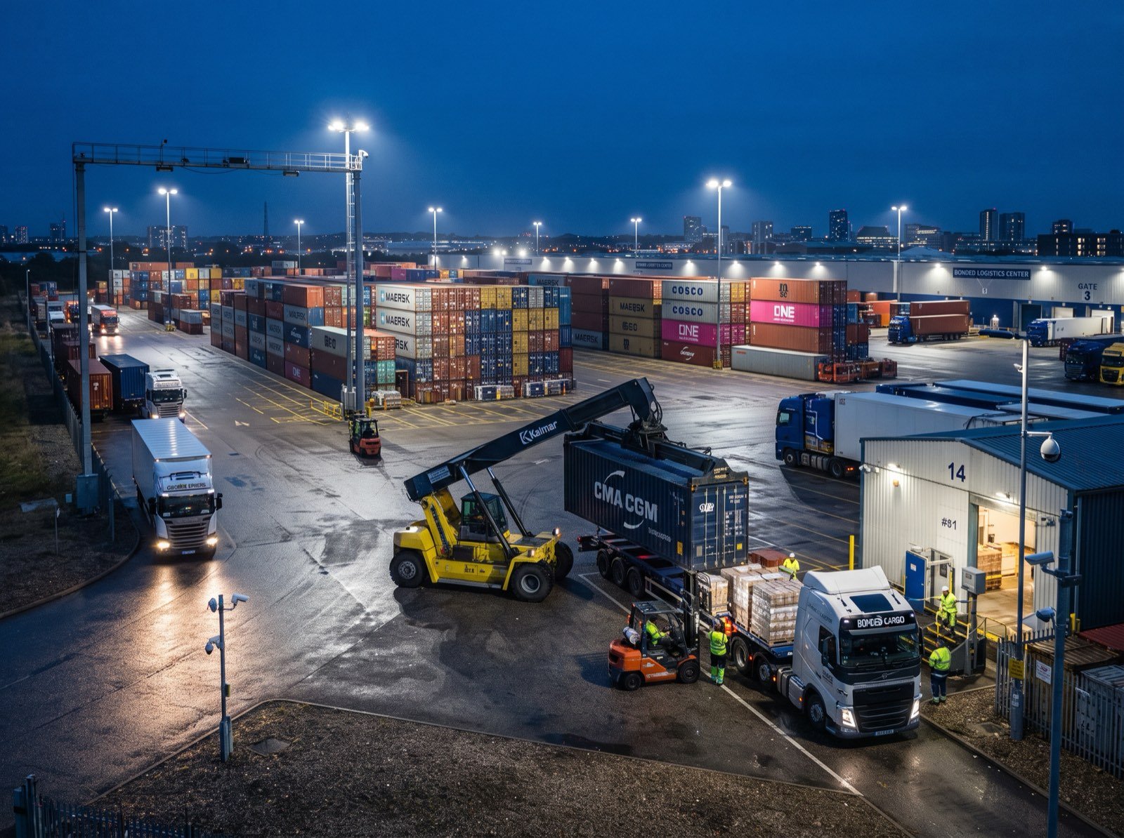 Open bonded yard operating at night under floodlights