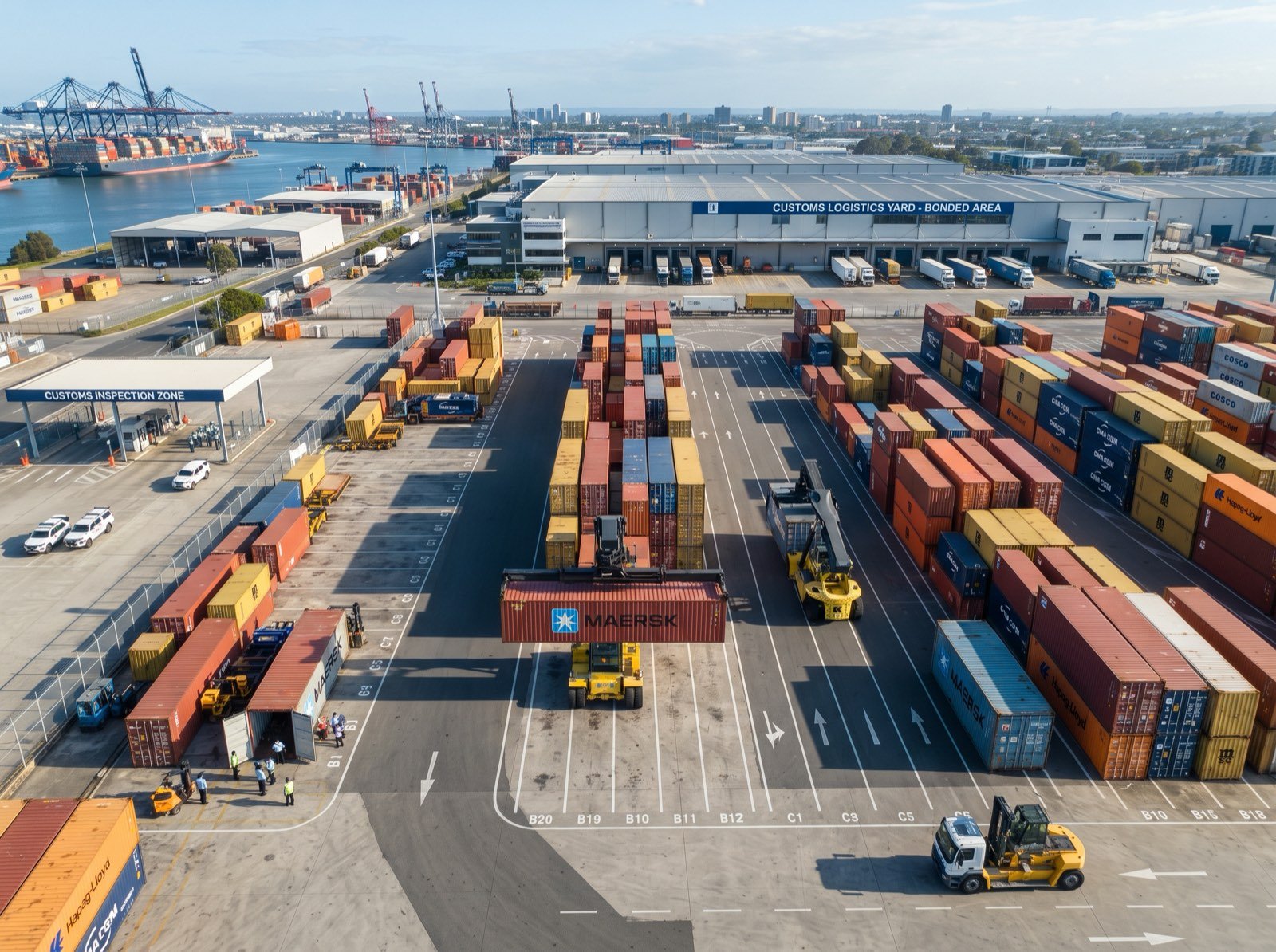 Containers and project cargo staged across the open bond yard