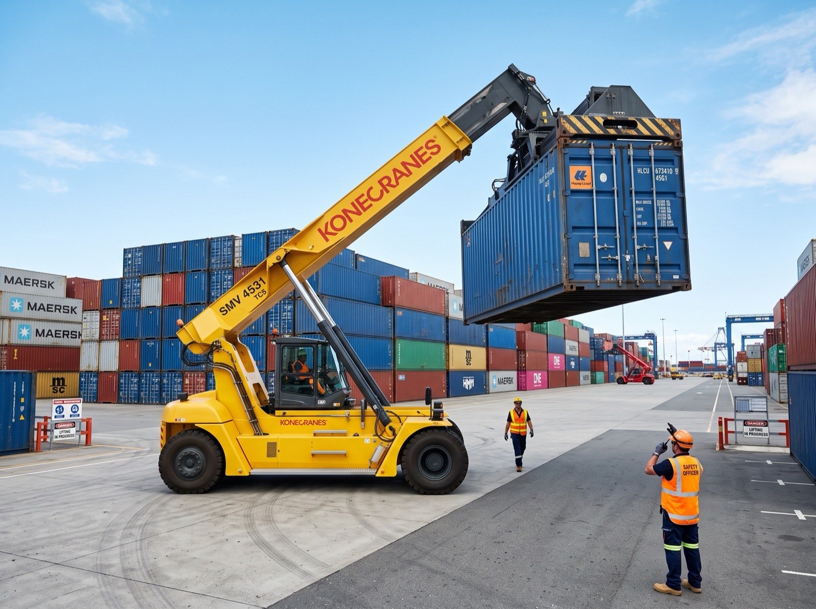 Reach stacker lifting a container in the open yard