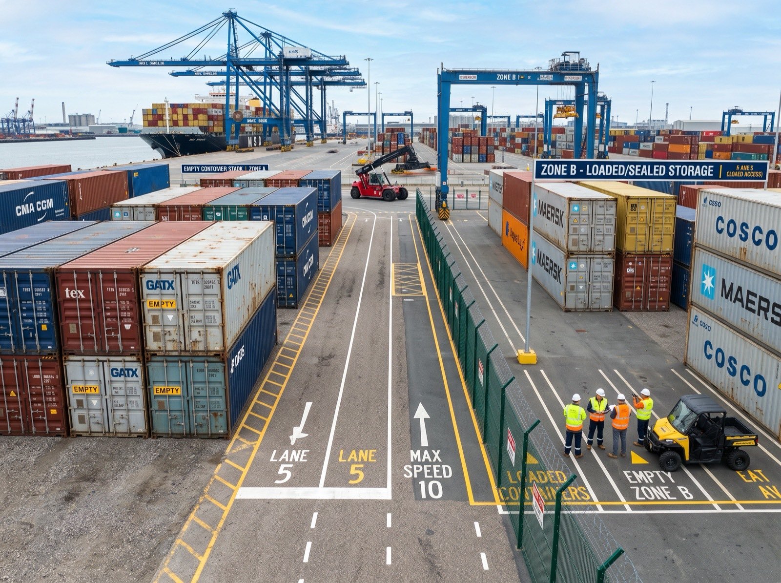 Shipping containers stacked in Tatvika's open yard at Mundra