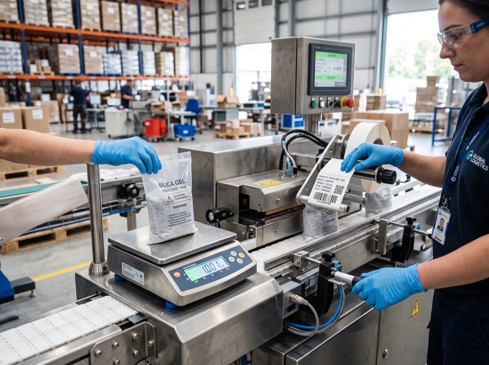 Worker weighing and sealing bags on the packing line