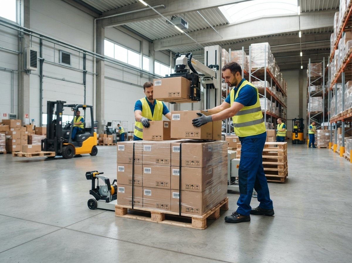 Workers palletizing cartons for dispatch