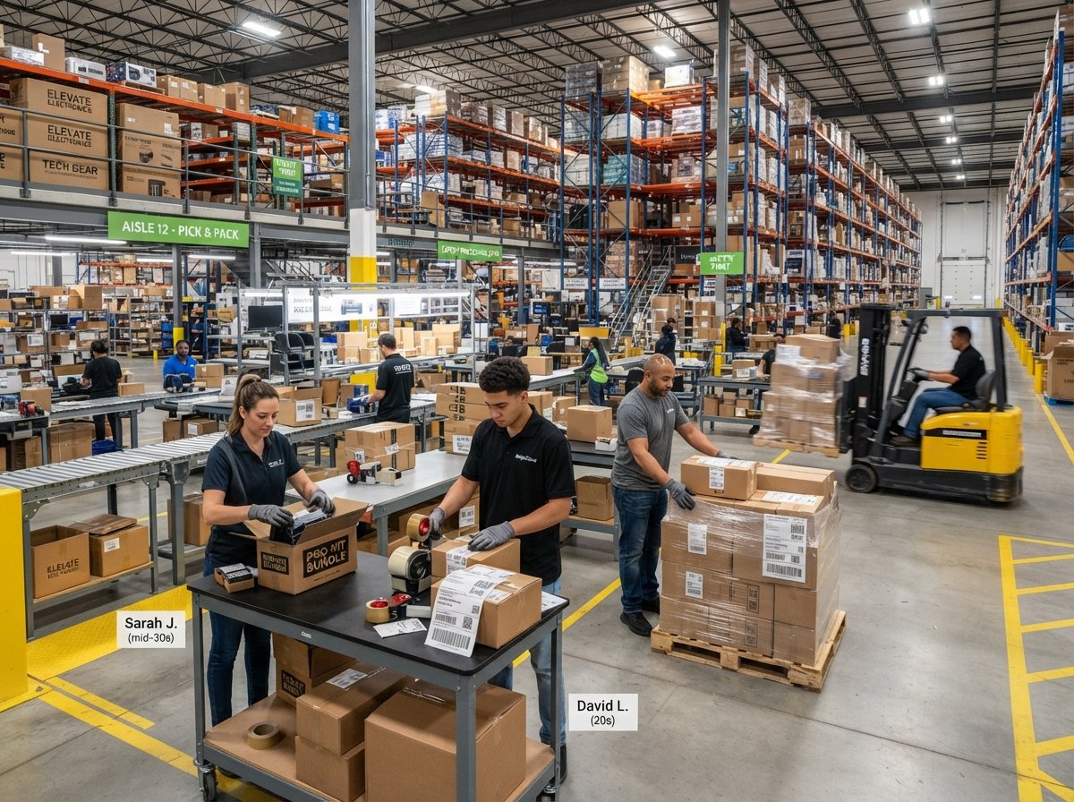 Workers assembling product kits