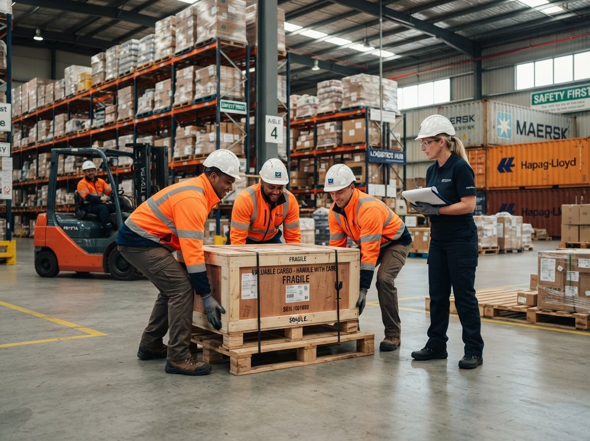 Warehouse workers handling cargo under supervision